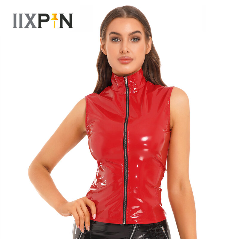 HOT Sexy Womens Zipper Jacket Wet Look Patent Leather Stand Collar senza maniche Cami Vest canotte donna Fashion Party Clubwear