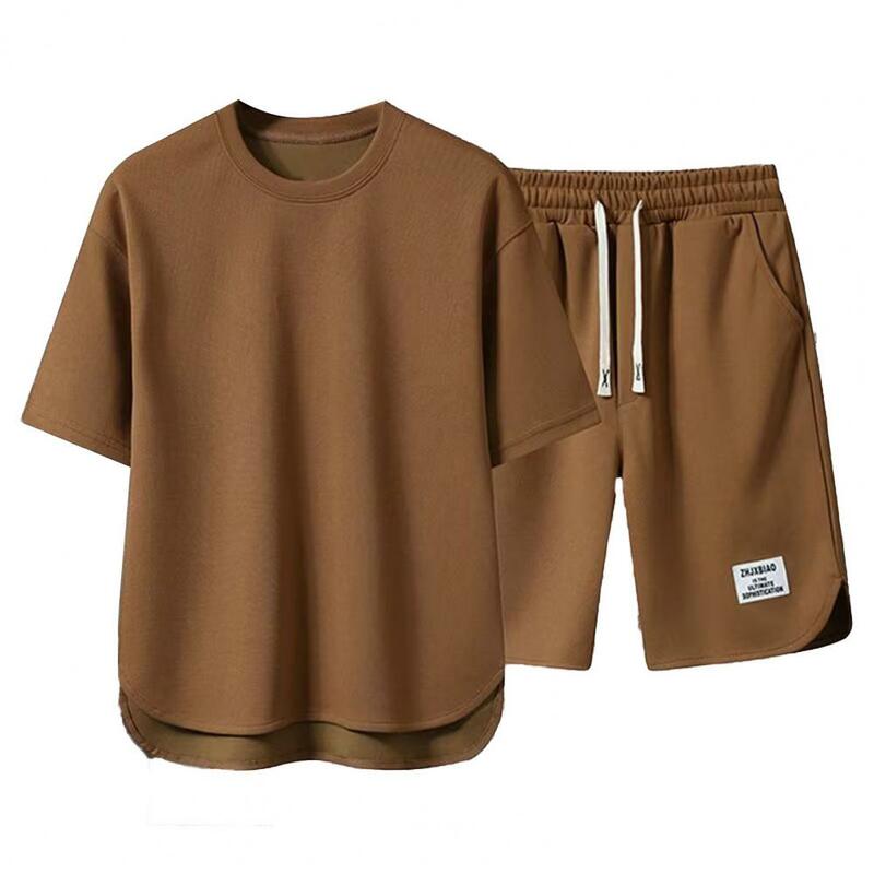 Men's Tracksuit Summer Casual Outfit O-neck Short Sleeve T-shirt Elastic Drawstring Waist Wide Leg Shorts Set Activewear Set