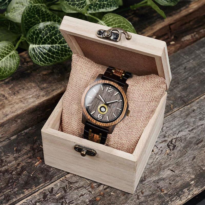 Jam tangan kuarsa pria, arloji kayu baja tahan karat kombinasi multifungsi kronograf tahan gores kaca menunjukkan kalender hadiah