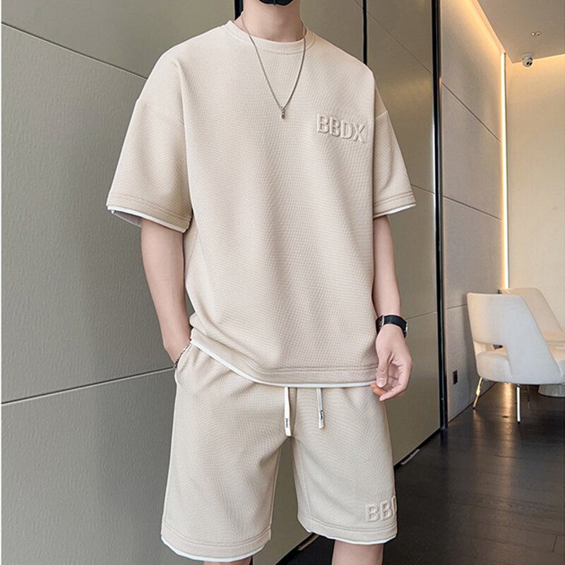 Setelan baju celana pendek pria, setelan baju hangat Mode gaya Harajuku pria musim panas 2 potong