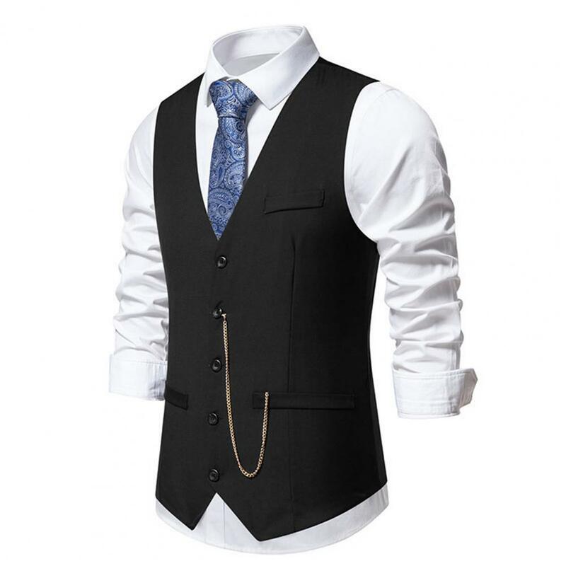 Men Spring Waistcoat Solid Color V-neck Single Breasted Waistcoat With Chain Decor Slim Fit Wedding Party Vest Coat