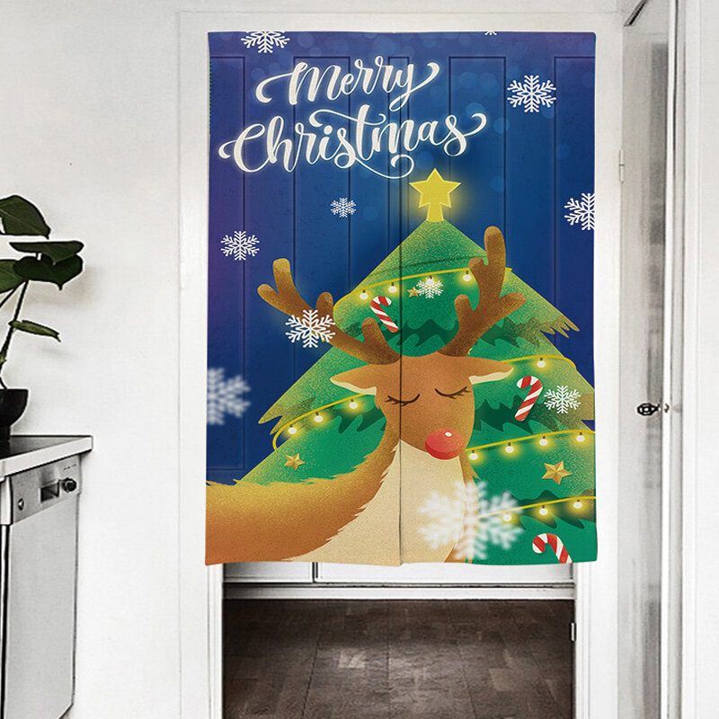 Cortina de puerta con estampado navideño, cortina de puerta dividida japonesa para cocina, muñeco de nieve creativo, árbol de Navidad, cortina colgante con varilla
