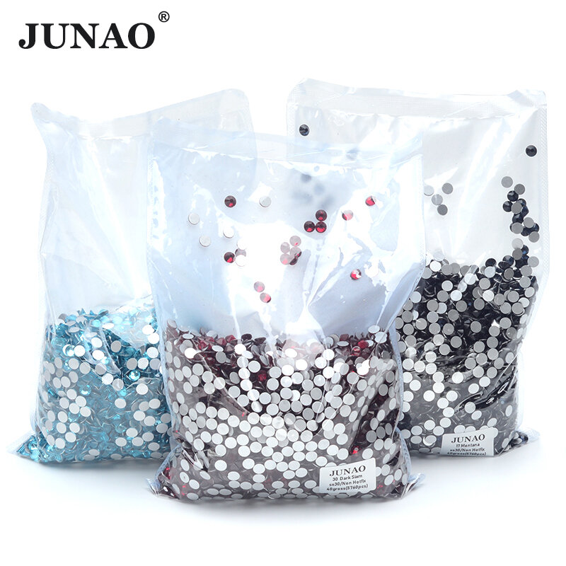 JUNAO-Paquete de diamantes de imitación para uñas, piedras de cristal de Color AB, sin fijación en caliente, Parte posterior plana, 100, SS6, SS10, SS12, SS16, SS20, SS30