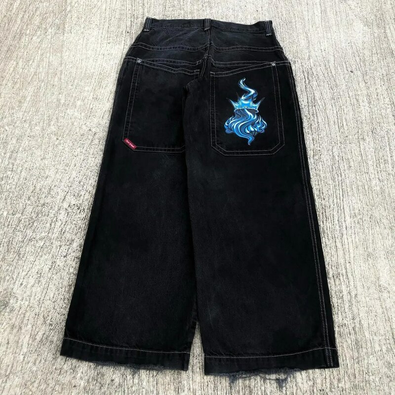 Y2k celana Jeans hitam pria wanita, pakaian jalanan Harajuku Hip Hop motif grafis Gotik, celana panjang kaki lebar pinggang tinggi