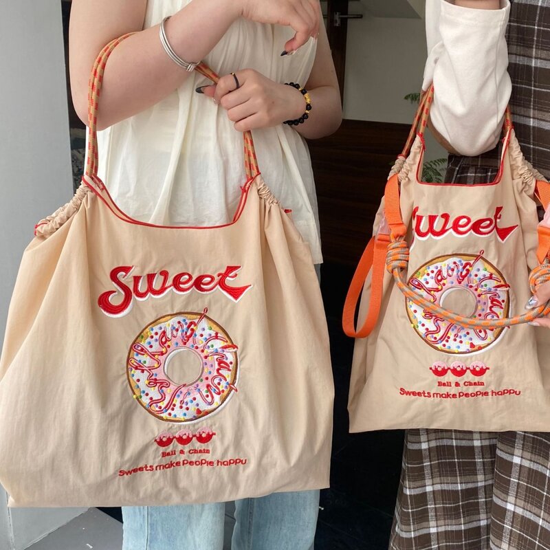 Large Donut Embroidery Tote Bag Rope Handle Shoulder Bag Designer Handbags Nylon Drawstring Eco Bags for Women Shopper Purses