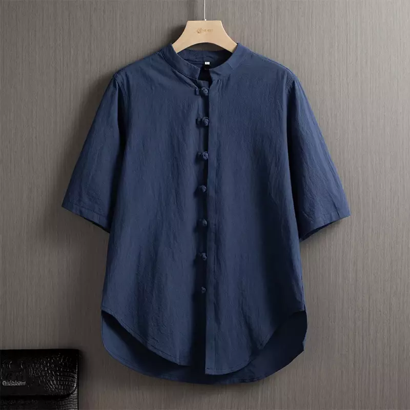 Linen Shirt Men's 2024 Chinese Short-sleeved Vintage Button-down Shirt T-shirt Solid Color Stand-up Collar Loose Large Size Top