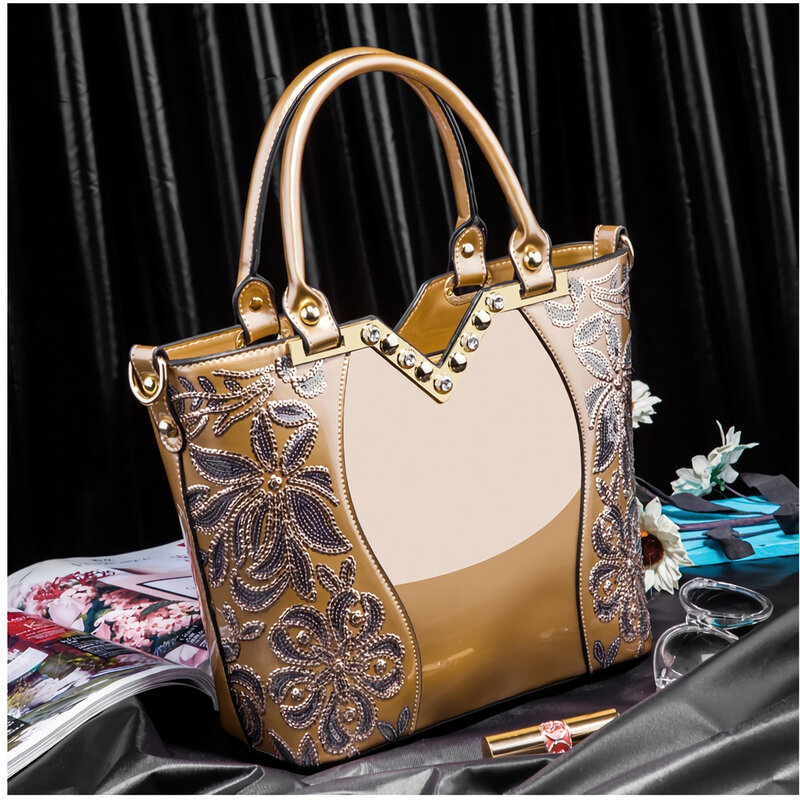 Amelish-女性のためのパテントレザーのハンドバッグ,豪華なトートバッグ,花の刺繍とダイヤモンド,高品質,ファッション2022