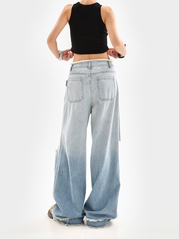 Celana Jeans Vintage Harajuku wanita, celana Denim longgar gradien kaki lebar Y2K Musim Panas 2024