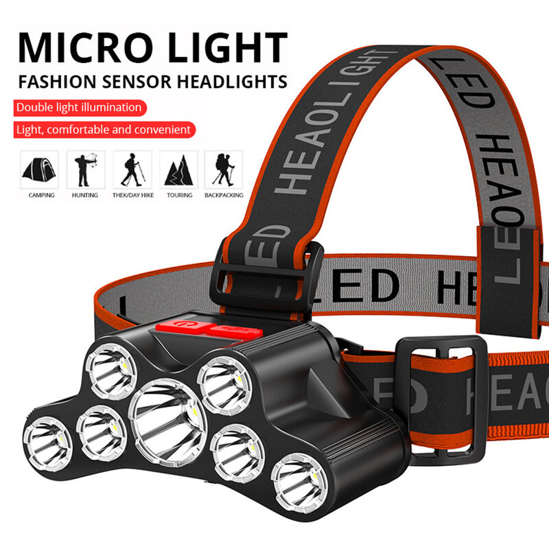Potente faro LED recargable por USB, lámpara de cabeza súper brillante, linterna impermeable para acampar y trabajar, 7Led