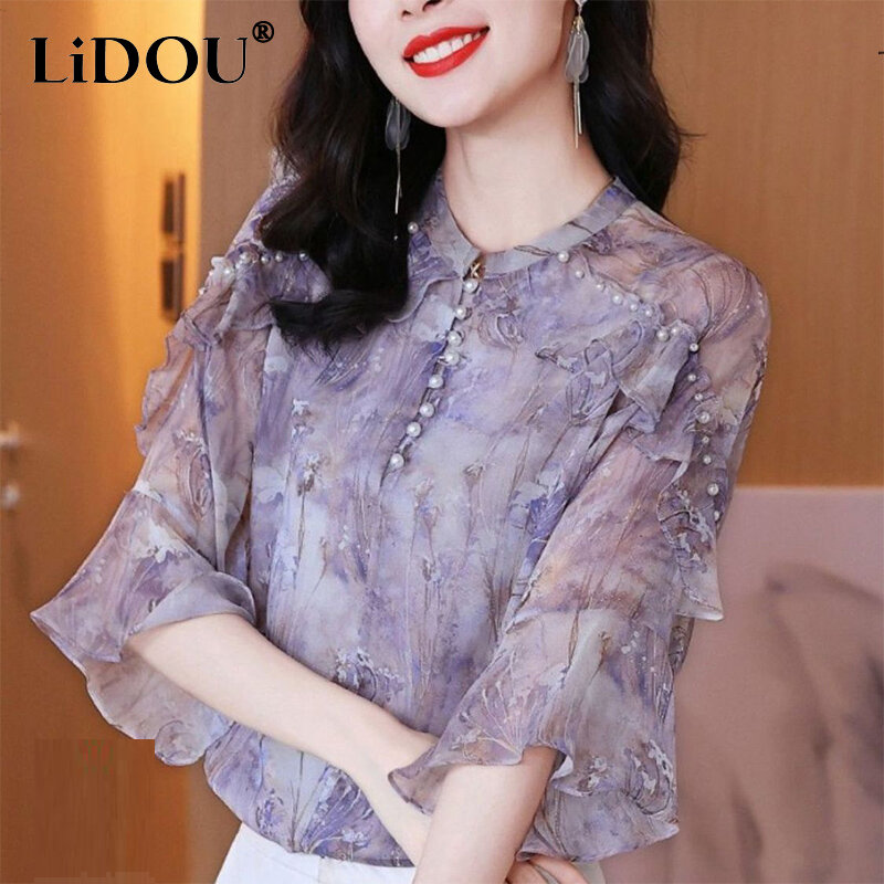 2023 Spring Summer Floral Print Ruffles Pullover Shirt Lady Flare Sleeve Casual Fashion All-match Beading Blouse Female Clothes
