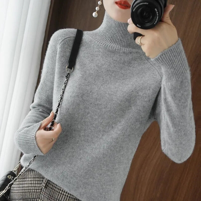 2023 New Spring Autumn Women's Sweater Turtleneck Pullover Slim Solid High-quality Warmth Comfort Pendulous Feel Knitted Jumper