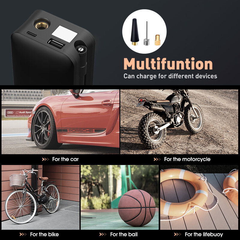Carsun-タイヤ付き充電式ポータブルエアポンプ,デジタル,ワイヤレス,自転車用のインフレーションバルブ付き