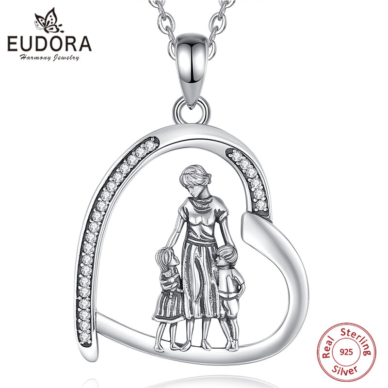 Eudora Original 925 Sterling Silver Mother Kids Necklace Heart Zircon Mom Boy Girl Pendant Vintage Jewelry Mother's Day Gift