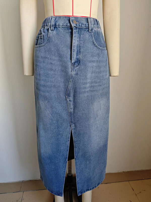 Benuynffy-Saia jeans feminina lavada com elástico na cintura, saia jeans reta com bolsos, divisão frontal, casual na rua, primavera, verão