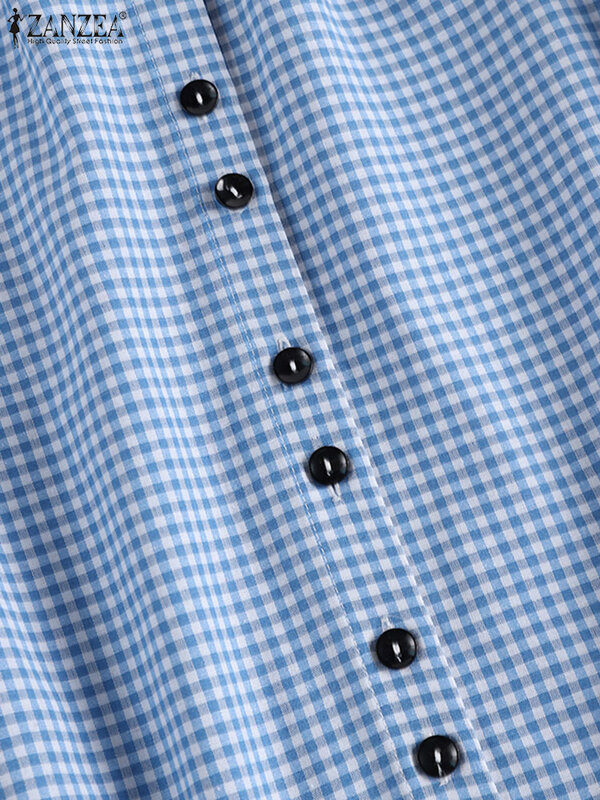 ZANZEA-Blusa de botões xadrez de manga curta feminina, camisa estampada em grade, tops casuais de túnica, grande, moda verão, 2023