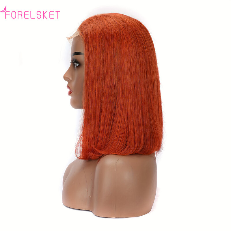 Wig Bob renda depan #350 warna 13x4 Wig rambut manusia Bob pendek lurus oranye jahe Wig depan renda transparan HD telah ditanami