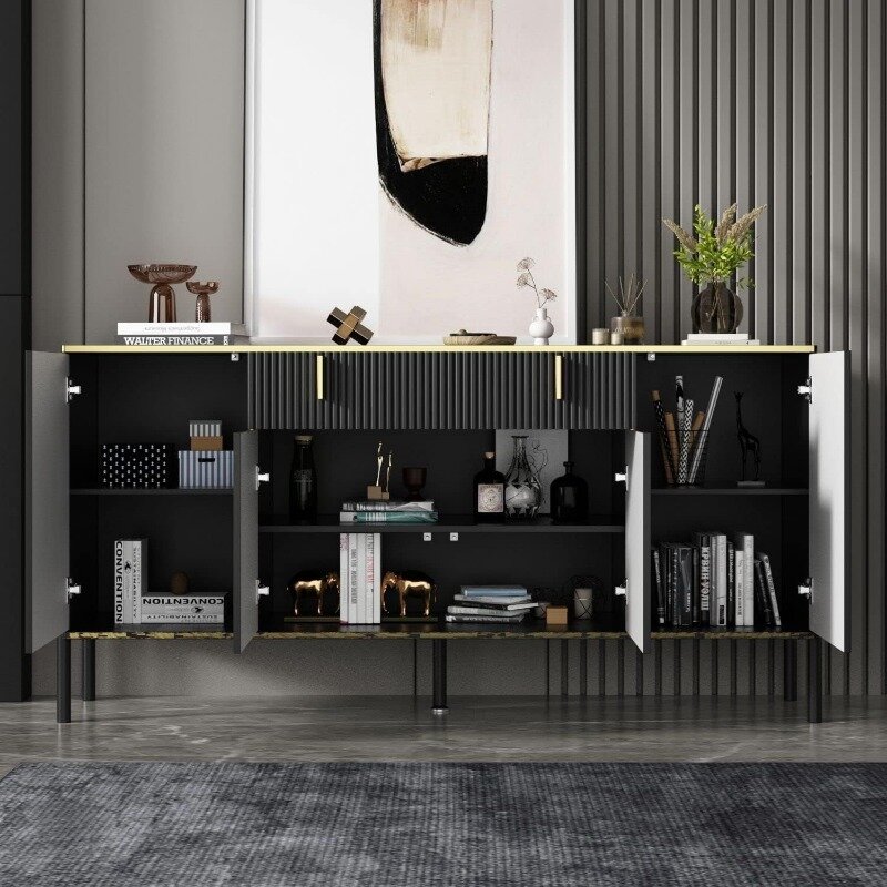 FAMAPY Modern Credenza Sideboard Buffet with Drawer & Pop-Up Doors, Buffet Sideboard Storage Cabinet with Black Metal Legs
