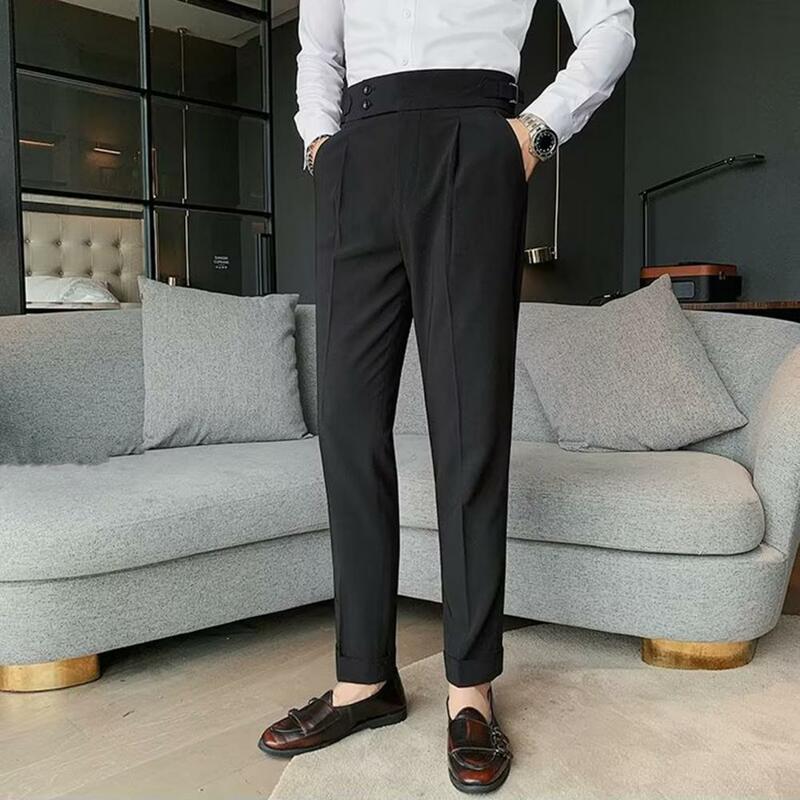 Calças masculinas elegantes de terno formal, slim fit, perna reta, cintura alta, bolsos vintage, roupa de escritório