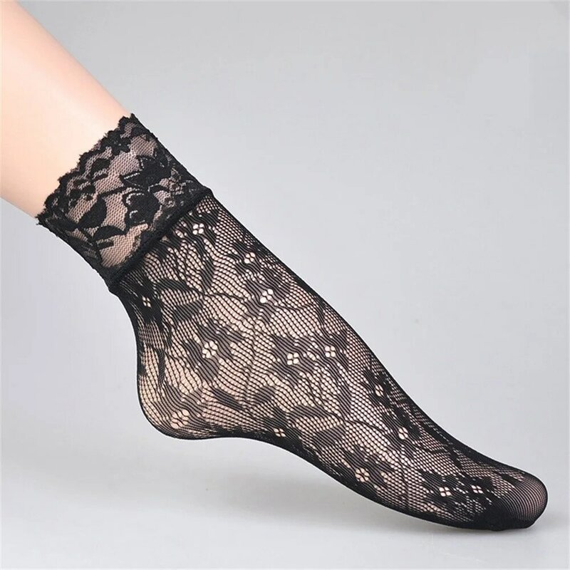 Летние модные тонкие черные кружевные короткие носки для женщин и девушек в стиле "Лолита", сексуальные сетчатые носки, клетчатые ультратонкие носки с цветочным принтом, Прямая поставка
