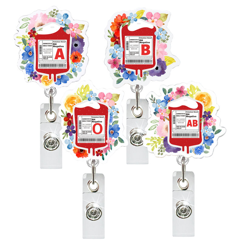 Nowy 1Pc Glitter Flower Blood Type Bag Retractable Badge Reel Clips For Nurse Doctor Hospital Medical Workers Akrylowe etui na karty