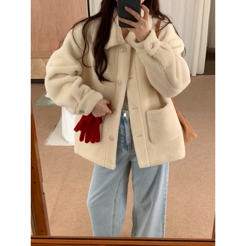 Женская Повседневная двухсторонняя Меховая куртка, осенне-зимняя теплая однобортная свободная маленькая Очаровательная Корейская шикарная куртка из искусственного меха с карманами