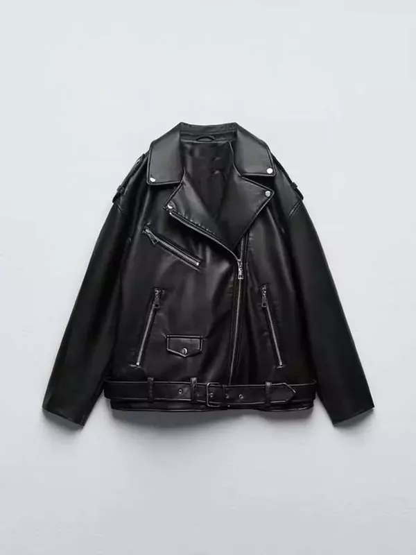 22 Women 2023 New Fashion With belt Loose Faux leather Locomotive style Jacket Coat Vintage Long Sleeve Female Outerwear Chic