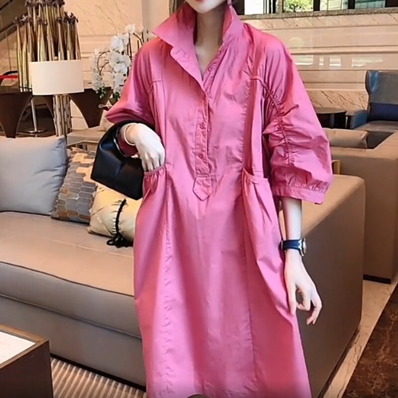Mode pendeln lose Midi-Kleid einfarbig All-Match 2024 Sommer Halbarm Damen bekleidung A-Linie gespleißt Polo-Ausschnitt Kleider