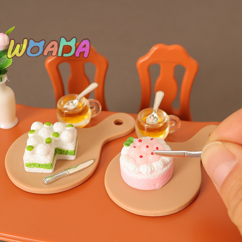 New Hot 1:12 Dollhouse Miniature Food Cake Tray Cup Knife Spoon Set Kitchen Model Decor Toy Doll House Accessories