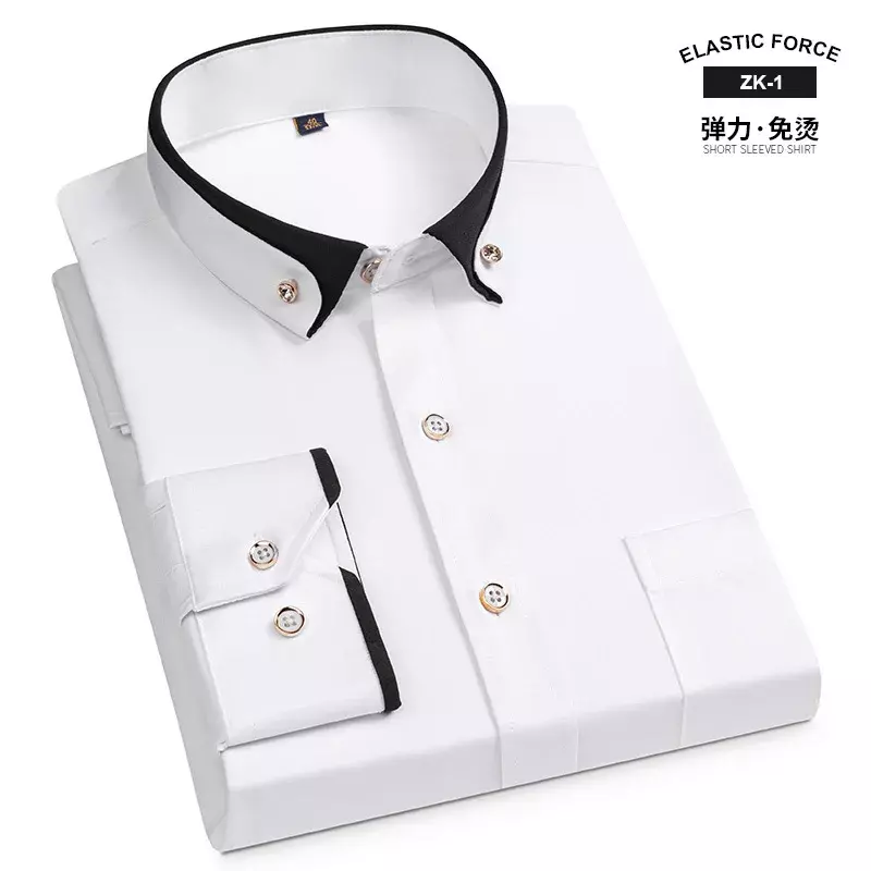 Camisa elástica de manga comprida masculina, abotoado com diamante, sem engomar, fina camisa de negócios, moda Pring, nova chegada, tamanho S, M, L, XL, 2XL, 3XL, 3XL, 4XL