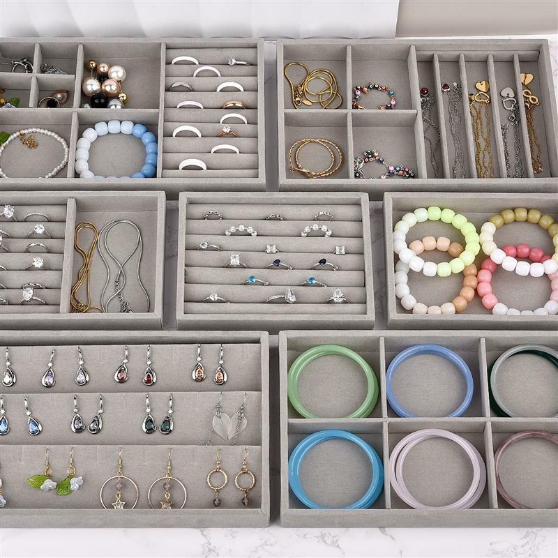 صندوق تخزين مجوهرات مخملي ، علبة عرض قابلة للتكديس ، أقراط ، خاتم ، منظمي أساور ، لتقوم بها بنفسك الحرف اليدوية ، درج رمادي