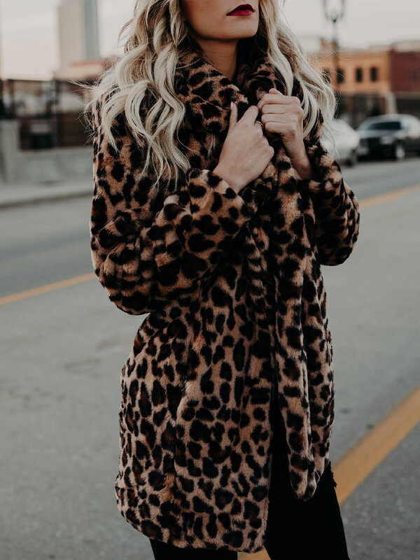 Mantel bulu macan tutul wanita, jaket mantel lengan panjang longgar kasual jalanan tinggi Vintage wanita, jaket tebal hangat musim gugur musim dingin