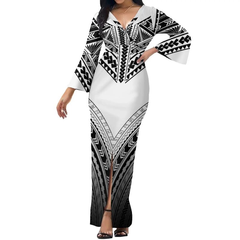 Vestido longo Slim-Fit para mulheres, Design Tribal Samoano, Personalizado, Tribal Print, Banquete, Roupa linda, Fiji Islands