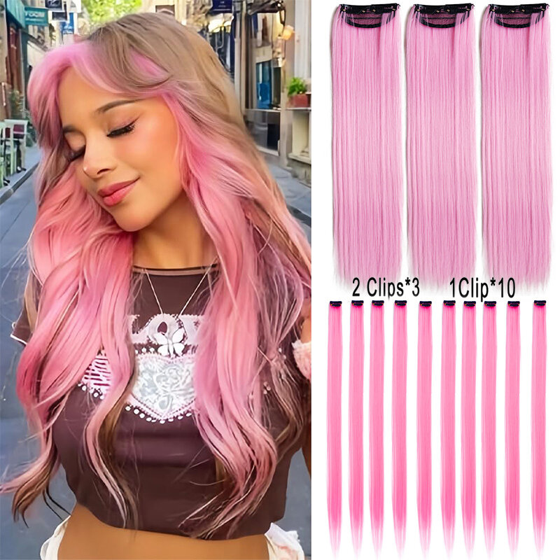 Klip ekstensi rambut merah muda 13 PCS, aksesori rambut pelangi ekstensi highlight sintetis pesta berwarna untuk hadiah anak perempuan