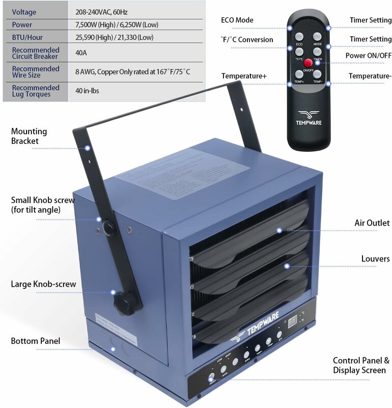Electric Garage Heater, 7500-Watt Digital Fan-Forced Ceiling Mount Shop Heater with Full-Function Remote,
