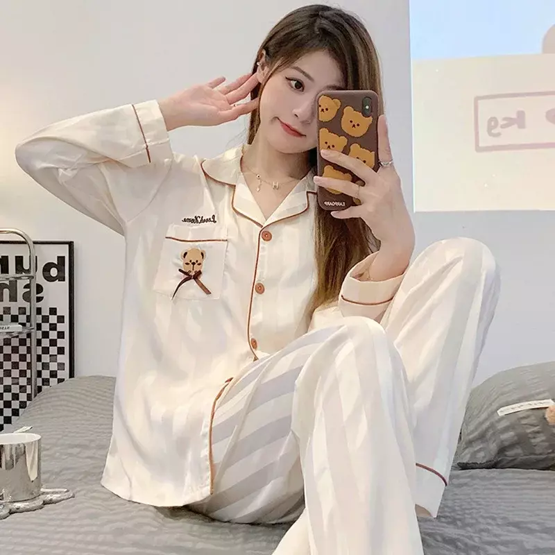 Pajamas Sets High-quality Light Luxury Silk Women's Sleepwear Spring Autumn Long-sleeve Cardigan Fashion Ice Silk Home Clothing