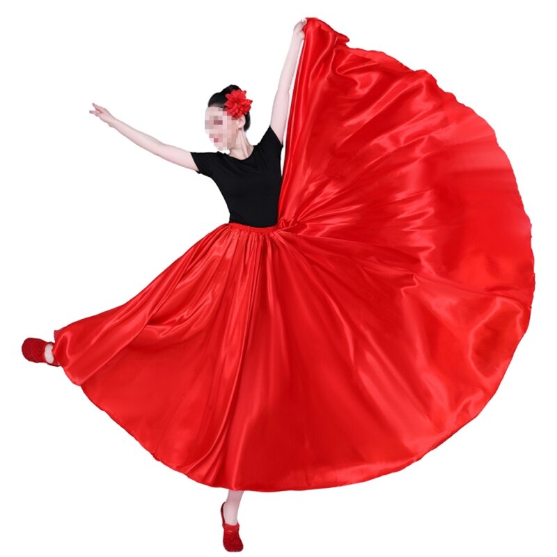 Falda de baile de Swing grande para mujer, trajes de actuación, cintura alta elástica, plisada, dobladillo súper grande, falda larga de satén, baile clásico
