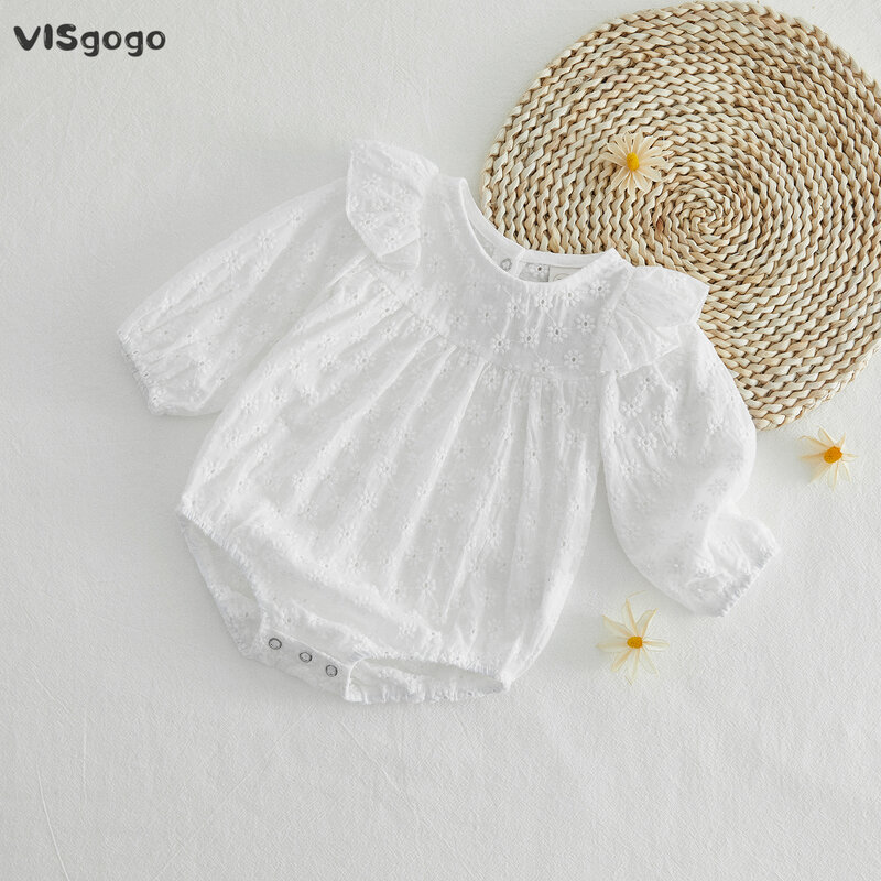 VISgogo-Pelele de manga larga con volantes para bebé, mono con bordado de flores, liso, cierre a presión, ropa de primavera y otoño