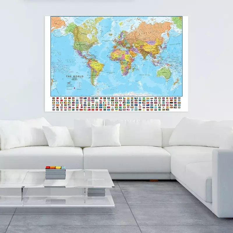 Mapa del mundo con banderas de países, pintura no tejida, arte de pared, póster, decoración de oficina, suministros de viaje escolar, 150x100cm