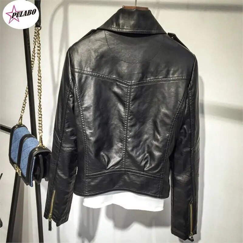 PULABO-Jaqueta de couro PU preta para mulheres, legal, fina, curta, casaco de motocicleta, outerwear básico feminino, outono
