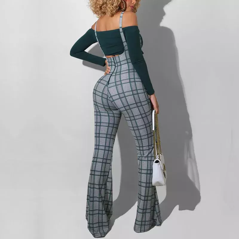 Fashion Flared Jumpsuit Autumn Women's High Waist Printed Plaid Overalls Party Club Plaid Bottoms 2024 New Wide Leg Suspenders