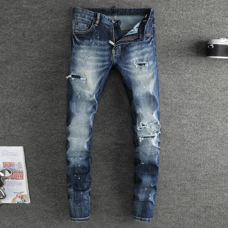 Modne dżinsy męskie uliczna wysokiej jakości niebieskie w stylu Retro rozciągliwe dopasowanie nadające się porwane jeansy mężczyzn malowane markowe spodnie dżinsowe Vintage