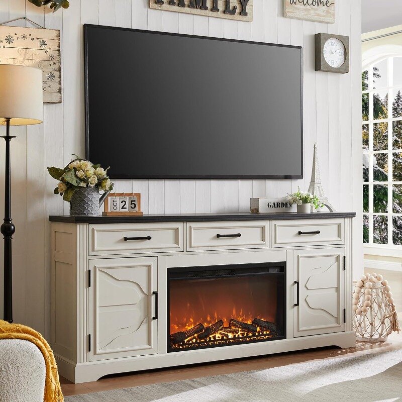 Farmhouse Fireplace TV Stand for Up to 80 Inch TV, Entertainment Center with 30" Electric Fireplace for 65 75 Inch TV