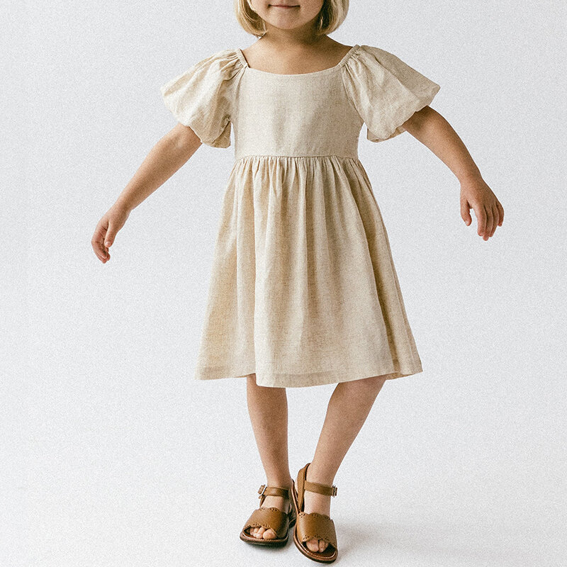 Vestido de lino con cuello cuadrado y manga de burbuja para niña, ropa informal plisada en la espalda, elástica, holgada, 2024