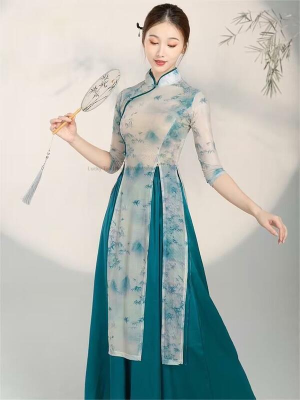 Gaun Qipao tradisional Cina + celana Set panggung kinerja Vintage kostum tari rakyat wanita bunga cetak Mesh tari Qipao