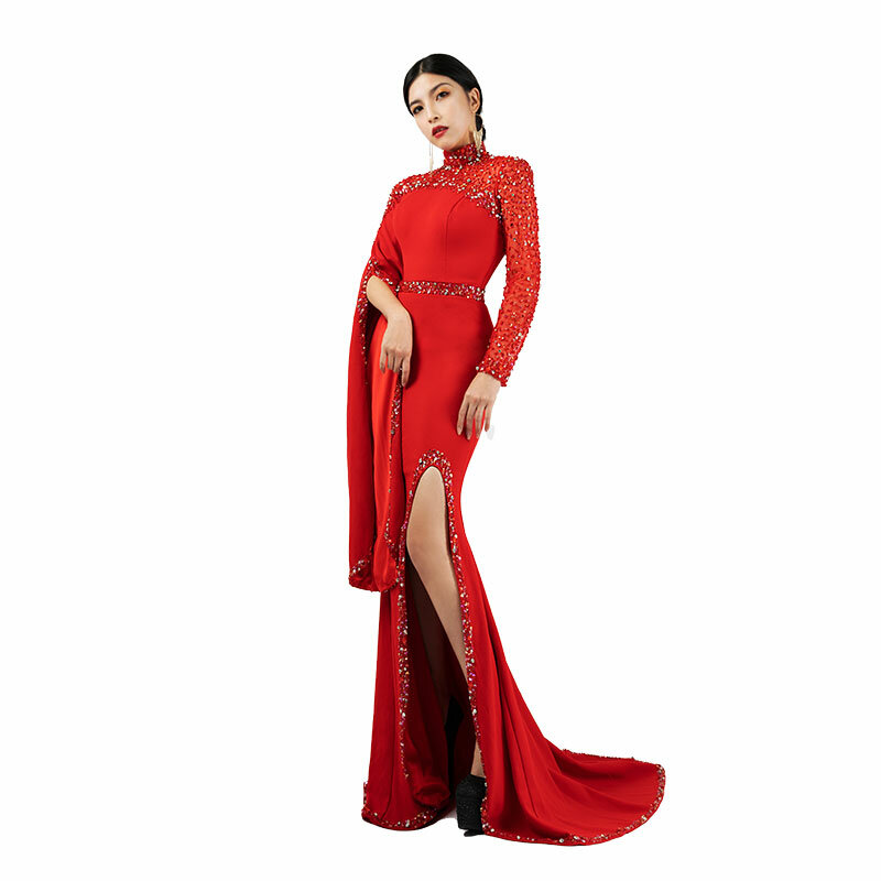 Bai Sha-vestido de noche rojo personalizado de lujo, Vestido largo con abertura, cuello alto, hecho a mano, cuentas, banquete, pasarela, espectáculo, baile de graduación, FF34