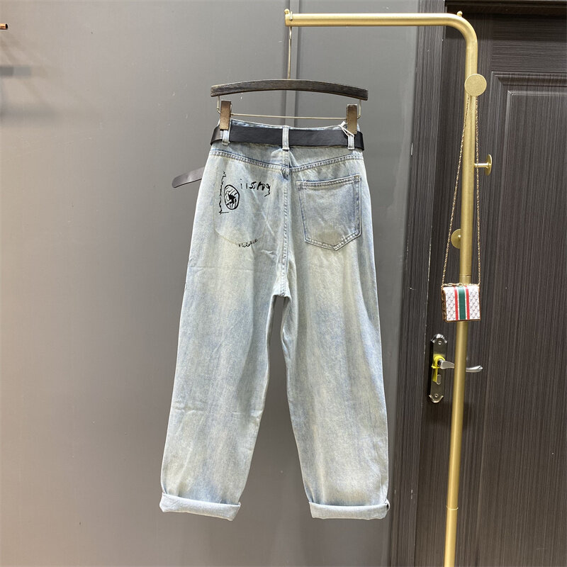 Light Blue Hand Painted Graffiti Special High Waist Harem Jeans Women Summer Fashion Holes Loose Wide Leg Daddy Pants Trousers