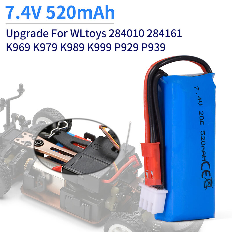 2Pcs 7.4V 520mAh Lipo Battery for WLtoys K969 K979 K989 K999 P929 P939 284010 284161 284131RC Car Parts 2S 7.4V Battery