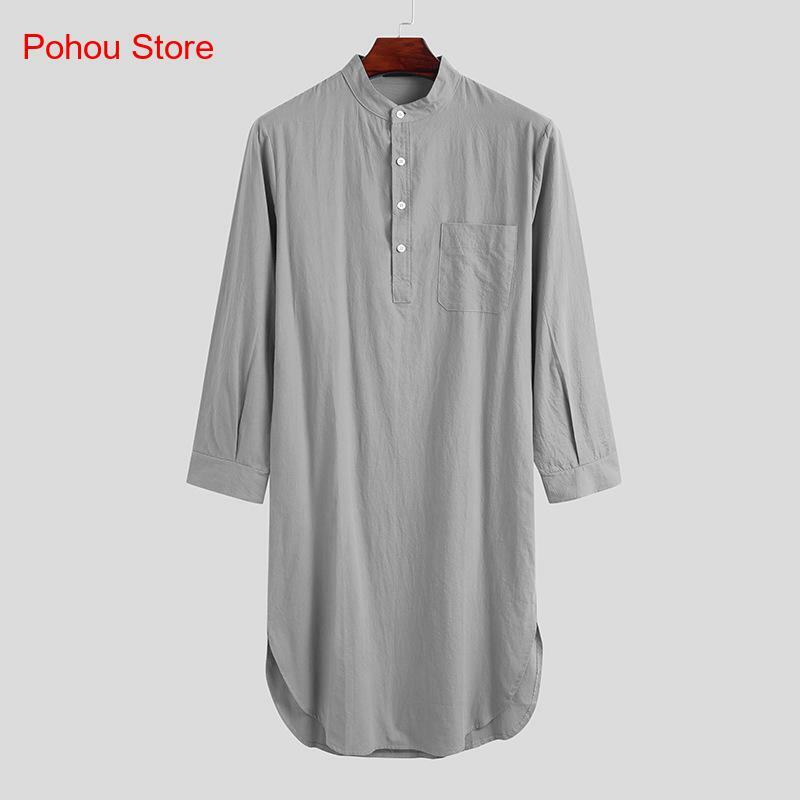 Camicia da notte araba musulmana primaverile e autunnale camicia lunga a maniche lunghe con bottoni in tinta unita per uomo