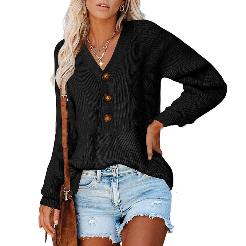 Jesień i zima 2023 nowy sweter damski z dzianiny w stylu Casual sweter w szpic kobiet długie guzik na rękawie topy damskie
