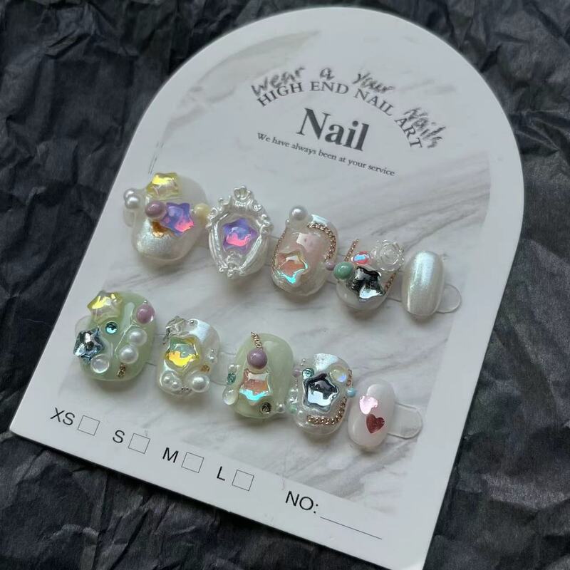 10pcs Handmade Luxury Wearable Press On Nails Baroque Glitter Short Ballet Design Fake Nail Full Cover Artificial Manicuree Tips